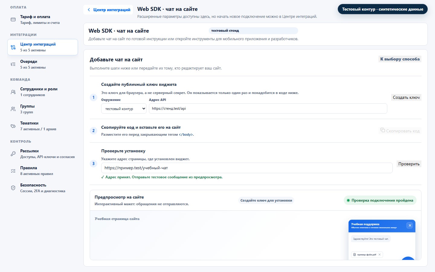 Тестовый интерфейс настройки Web SDK с шагами подключения и успешной проверкой установки